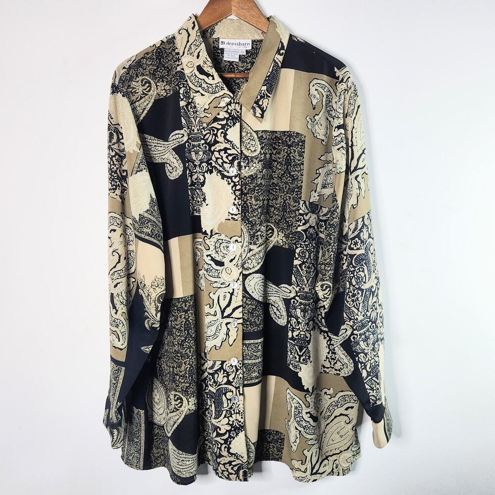 Vintage Dressbarn Womens Brown Black Paisley Patchwork Button Up Blouse Size 3X